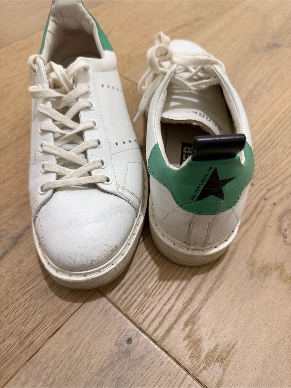 GOLDEN GOOSE White Leather Women's Sneakers with Mint Heel Accent